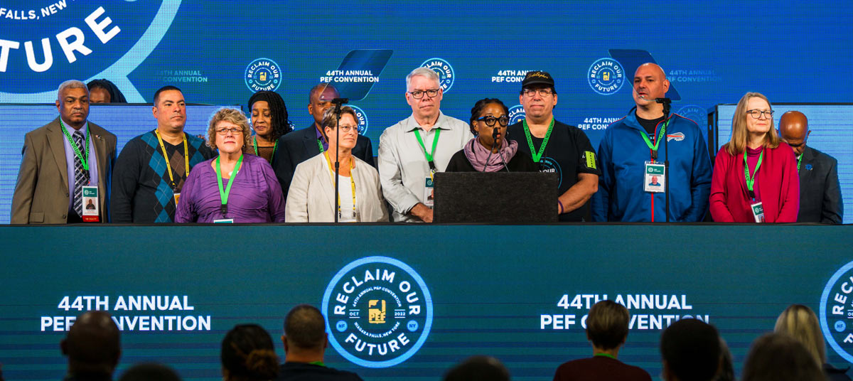 Members of the PEF Contract Team are introduced to delegates at the Convention. Negotiations for a successor contract to the 2019-2023 PS&T Collective Bargaining Agreement begin this month.