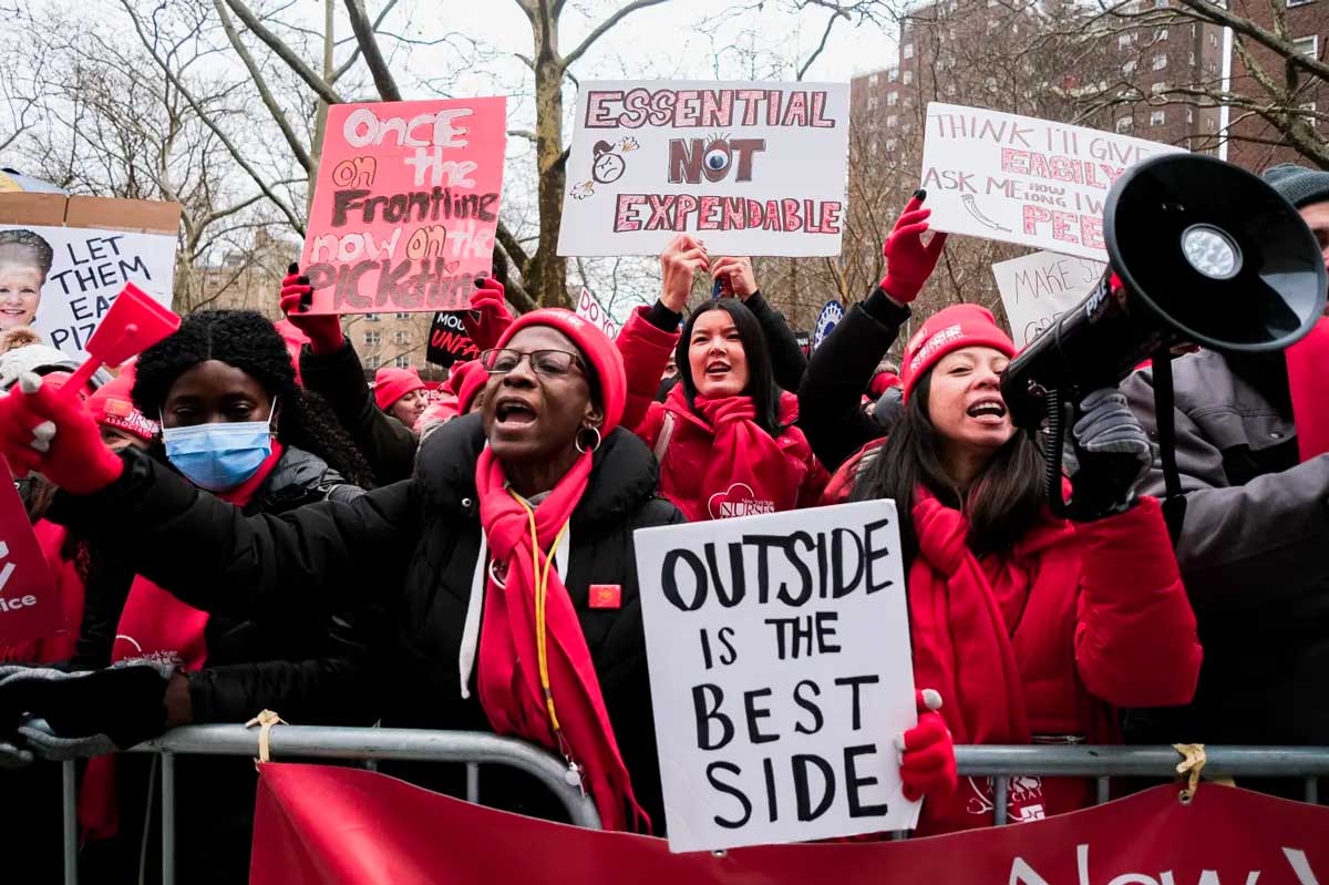 Protesters chant slogans outside Mount Sinai Hospital in Manhattan, New York on Jan. 11, 2023.