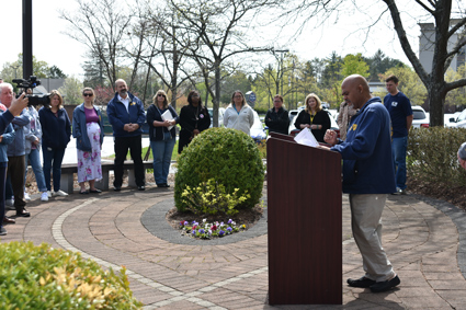 PEF President Wayne Spence makes remarks at the annual Workers Memorial Day ceremony, April 28, 2023.