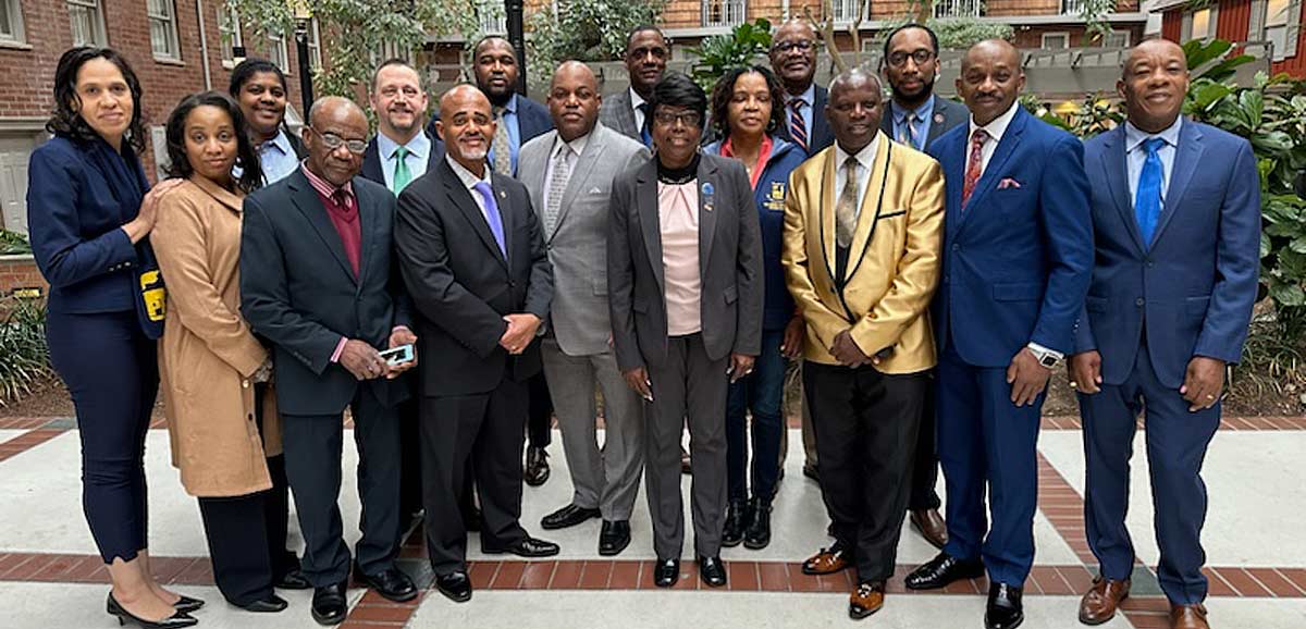 Members of the Brooklyn clergy pose for a photograph with PEF leaders and staff at the Desmond Hotel on March 5, 2024, prior to their meeting with the governor's office.
