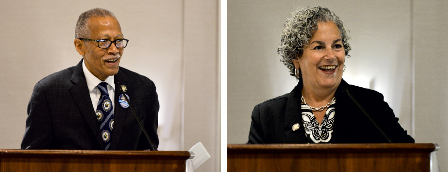 State Senator Robert Jackson and Assemblywoman Stacey Pheffer Amato address the PEF Executive Board on May 30, 2024.