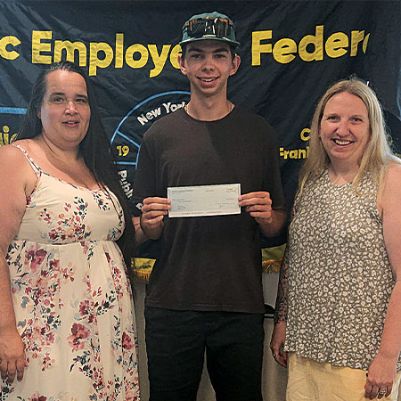 Aiden Caron, recipient of the Paul Normandeau Scholarship, is pictured with Barbara Stransky, the PEF Region 7 Coordinator, and Carly Gagnon, the Region 7 Scholarship Committee Chair.