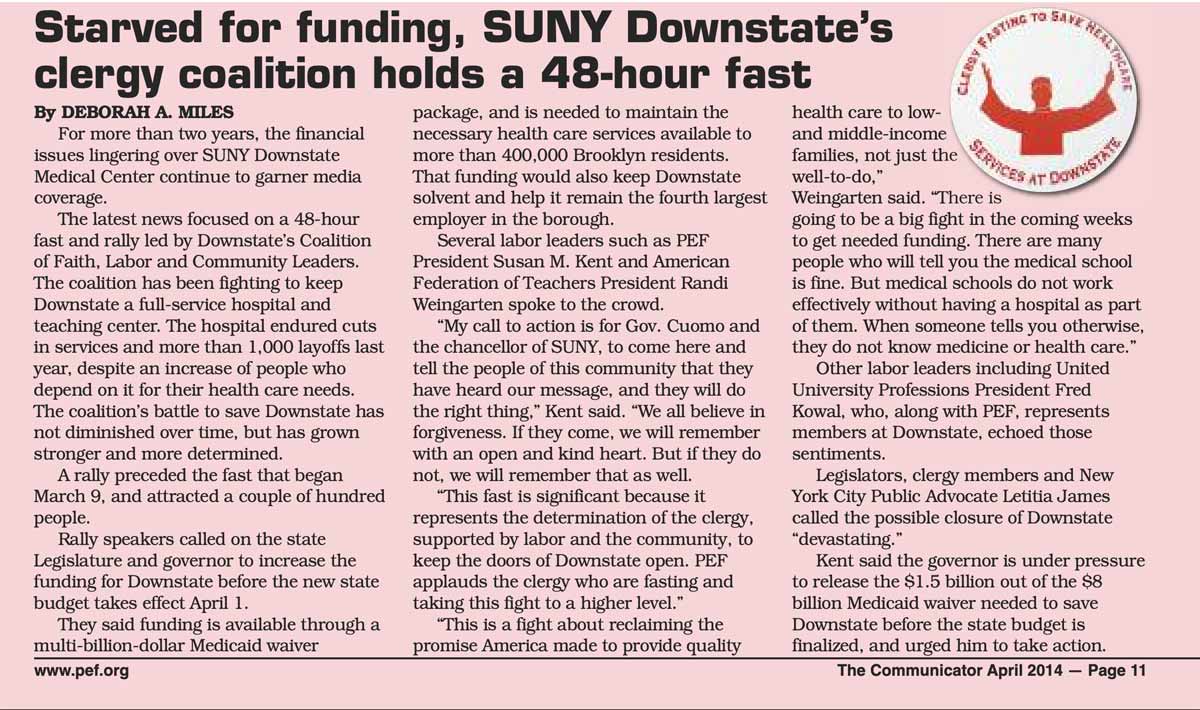 Article from the pages of the April 2014
Communicator. Starved for funding, SUNY Downstate's clergy coalition holds a 48-hour fast.