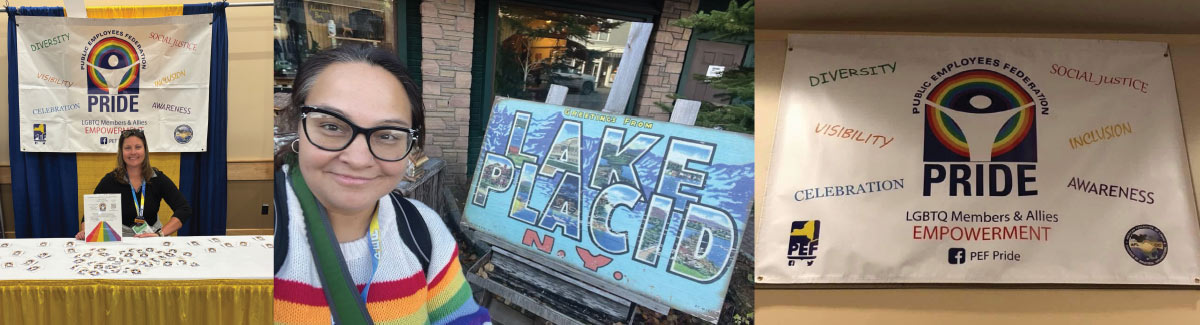 PEF Pride Committee Co-Chairs Erika Baker (left) and Jessica Kumar (right) visiting Lake Placid during the 46th Annual PEF Convention in Lake Placid.