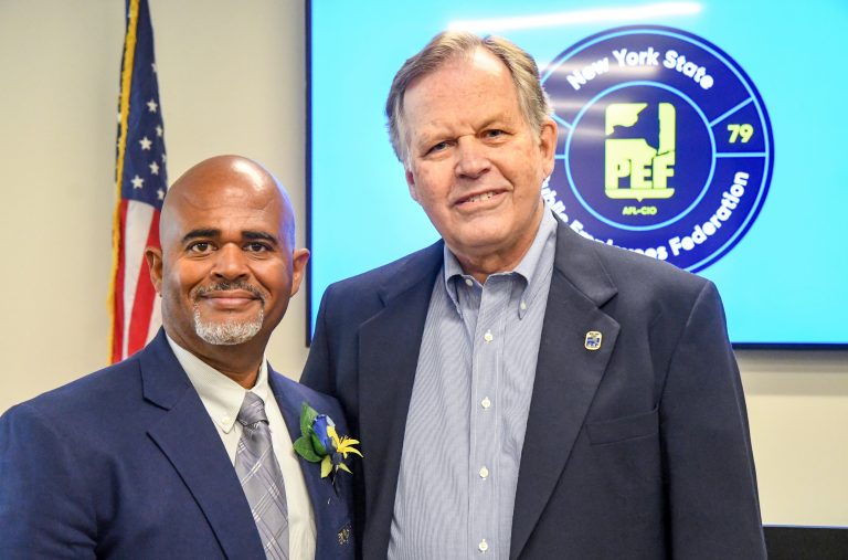 PEF President Wayne Spence and former President Roger Benson at President Spence’s third inauguration in Aug. 2021.